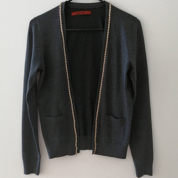 Hermes styled gold chain grey cardigans sweater - Picture 2 of 16